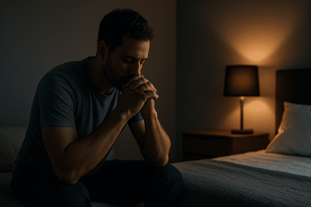 A man sits on the edge of his bed in a dimly lit bedroom, softly illuminated by a nearby lamp, conveying a calm and introspective moment. The warm, ambient setting symbolizes emotional reset and physical recovery, complementing the restorative effects associated with cryotherapy chambers.