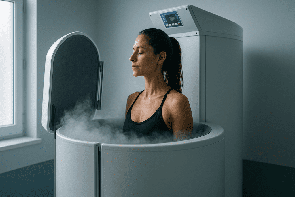 A woman stands inside a sleek cryotherapy machine, surrounded by rising cold vapor, in a modern clinical room lit by soft daylight and cool fluorescent tones. Her calm expression underscores the benefits of cryotherapy units in structured recovery environments designed for healing and performance optimization.
