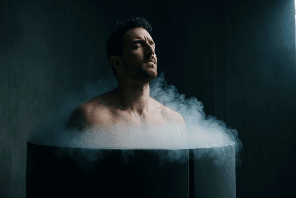 A man in his 30s stands immersed in a cryotherapy chamber, eyes closed and muscles relaxed, enveloped in white vapor under dramatic moody lighting. The cool tones and shadowed background reflect the intense, focused environment typical of advanced cryotherapy sessions in San Antonio.