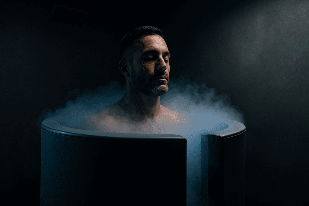 A man in his late 30s stands calmly inside a cryotherapy chamber, enveloped in a cool mist with his eyes closed, under moody blue lighting in a dark, minimalist room. The serene intensity of the setting reflects the focused, meditative aspect of human optimization through cryotherapy in San Antonio.