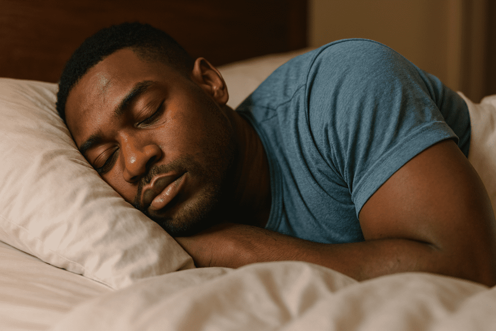 A young African American man sleeps soundly in a dimly lit bedroom under warm ambient lighting, with his head resting on a pillow and hands tucked under his cheek. The tranquil scene illustrates heavy sleep and deep rest, capturing the rejuvenating power of deep sleep cycles.