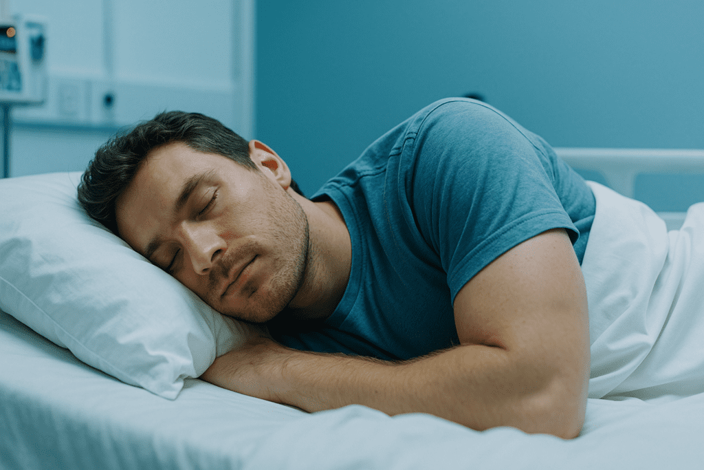 A young Caucasian male in his twenties sleeps deeply in a clinical setting under cool, sterile lighting, with a peaceful expression on his face. The medical environment emphasizes the concept of monitoring heavy sleep and understanding the effects of too much deep sleep.