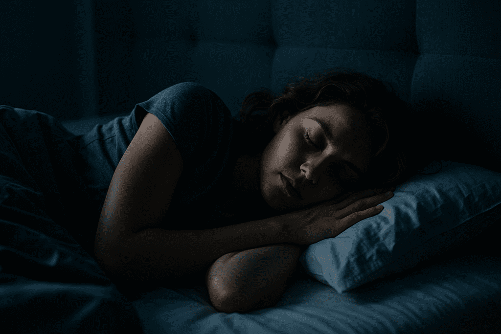A young Caucasian woman sleeps deeply in a dark bedroom, lit only by moody, dramatic shadows that emphasize the serenity of heavy sleep. The low lighting evokes the immersive state of deep sleep and the sensory withdrawal associated with sleeping deeply.