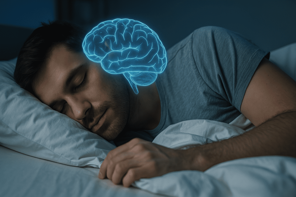 A close-up shot of a transparent blue capsule filled with melatonin rests beside a sleep journal and pen on a wooden nightstand bathed in warm indoor ambient lighting. This symbolic setup highlights how tracking and understanding the medical term for sleep can help optimize nighttime recovery and chemical balance.