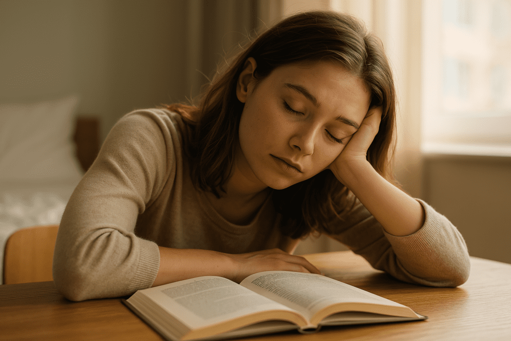 A young Caucasian woman sits at a wooden desk with her head resting on her hand, dozing off over an open book in soft natural morning light, illustrating how lack of sleep impacts brain function and attention