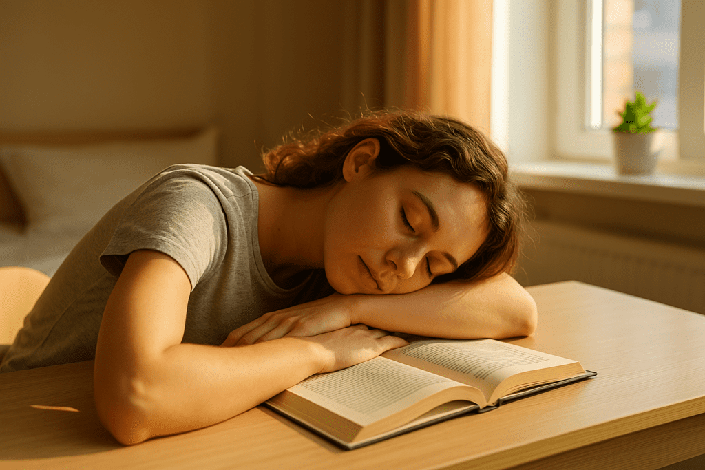 A young Caucasian woman with curly brown hair sleeps at a desk in warm indoor ambient lighting, resting her head on crossed arms over an open book, illustrating the brain’s need for rest and cognitive recovery.