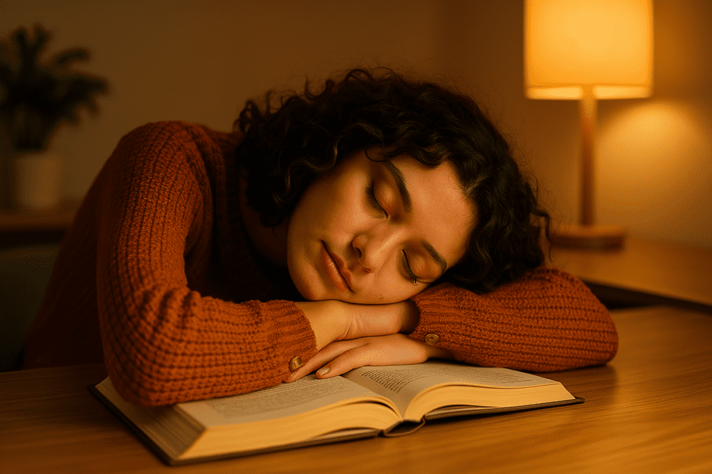 A young Caucasian woman with short curly hair sleeps on a desk with an open book under moody lighting and a glowing bedside lamp, visually representing the brain’s transition into sleep and the importance of deep rest for cognitive health.