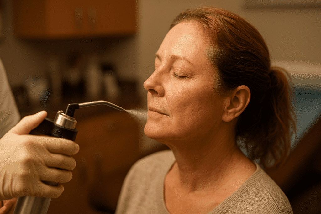 A woman in her 50s sits calmly in a warmly lit exam room as she receives cryosurgery for skin cancer on her cheek, with visible frost emanating from the treatment area; the setting conveys a peaceful, indoor environment focused on freezing precancerous cells on the face.