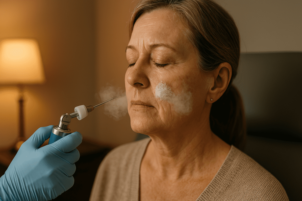 A close-up image of a woman receiving cryosurgery for skin cancer on her right cheek in a warmly lit exam room, highlighting the precise freezing technique and calm atmosphere associated with treating precancerous facial lesions using cryotherapy.