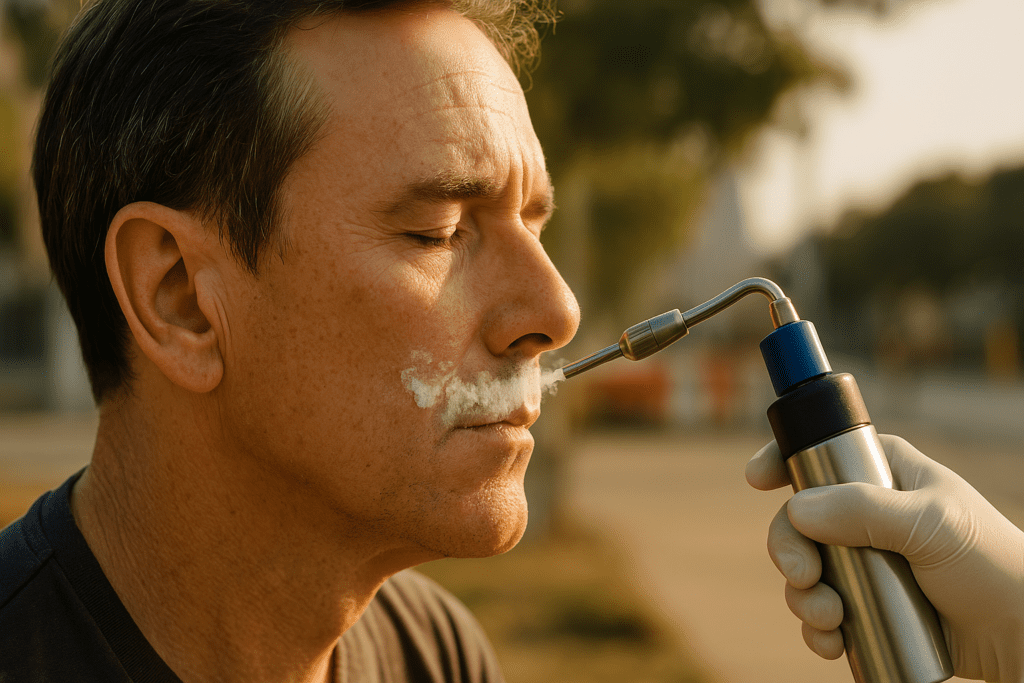 Close-up of a middle-aged man receiving cryosurgery for a precancerous lesion on his face, with a stream of liquid nitrogen applied under soft natural morning light in an urban outdoor setting; the image visually represents early intervention using freezing techniques for skin cancer treatment.