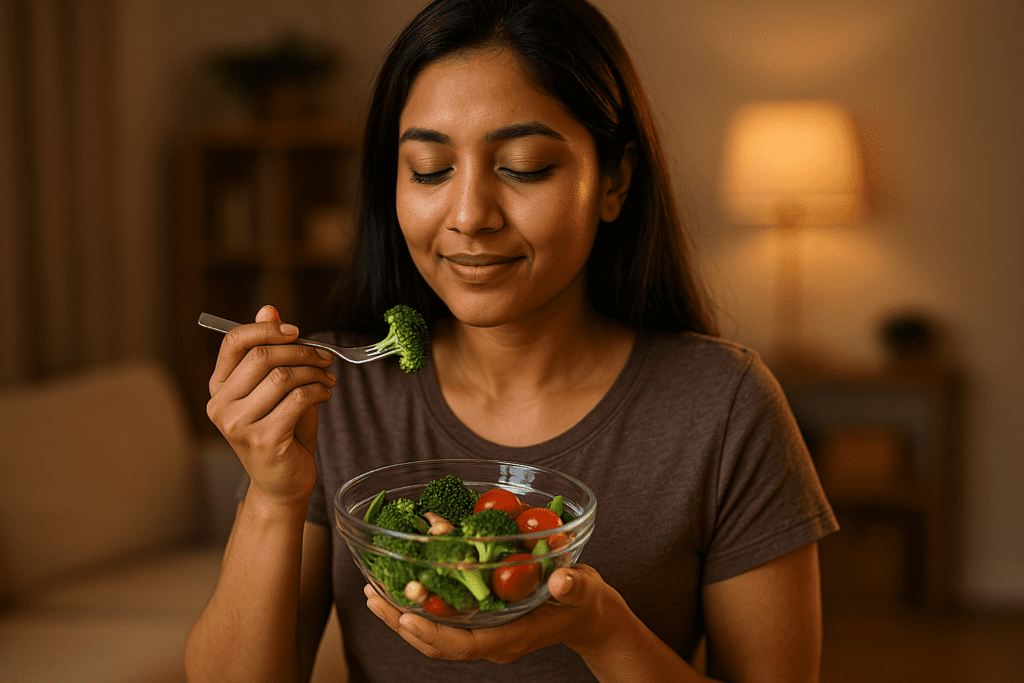 A young South Asian woman enjoys a fresh salad filled with broccoli, cherry tomatoes, and leafy greens in a cozy indoor setting with warm ambient lighting. Her serene expression highlights the emotional and cognitive benefits of mindful eating and nutrient-rich choices in the MIND diet.