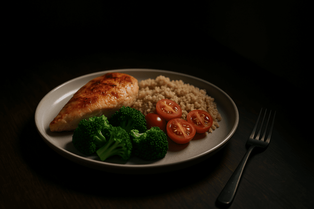 A close-up of a white plate shows grilled chicken, quinoa, cherry tomatoes, and broccoli under moody lighting with deep shadows, set on a dark wooden surface. The dramatic composition emphasizes portion control and the aesthetic of a well-balanced adult diet.