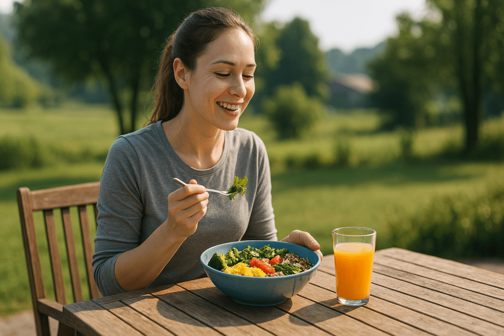 A smiling young woman holds a vibrant bowl of quinoa, greens, eggs, and vegetables at a rustic table, with a glass of orange juice nearby and a scenic suburban field behind her. This image illustrates the joy of building smart, nutrient-dense meals that align with daily calorie goals.
