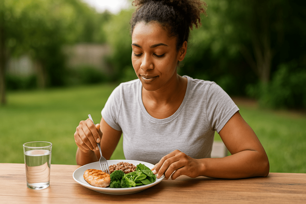 A young African American woman eats a nutritious meal of grilled chicken, broccoli, quinoa, and spinach outdoors, with calm green surroundings and soft natural light. The image reflects the importance of balancing nutrients and calories in everyday adult meals.