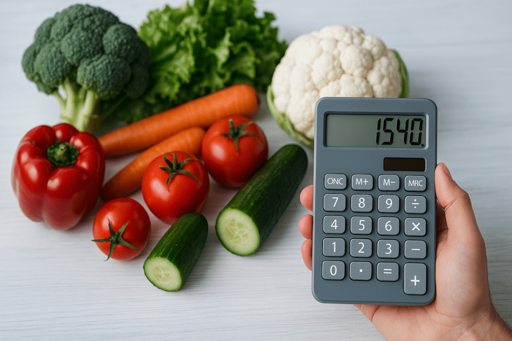 A mechanical calculator displaying "1540" is held above a clean white surface surrounded by fresh vegetables like carrots, tomatoes, cucumbers, and broccoli. The cool lighting and sharp details evoke a scientific approach to smart dieting and highlight the visual link between calorie counting and healthy food choices.