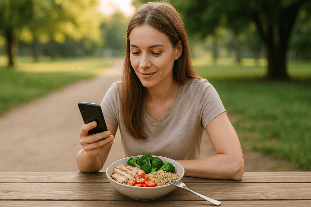 A young woman in a light T-shirt enjoys her healthy macro-based lunch while checking her phone, with soft golden lighting and green surroundings enhancing the peaceful atmosphere. The setting conveys how a diet plan with macros can fit seamlessly into everyday life.