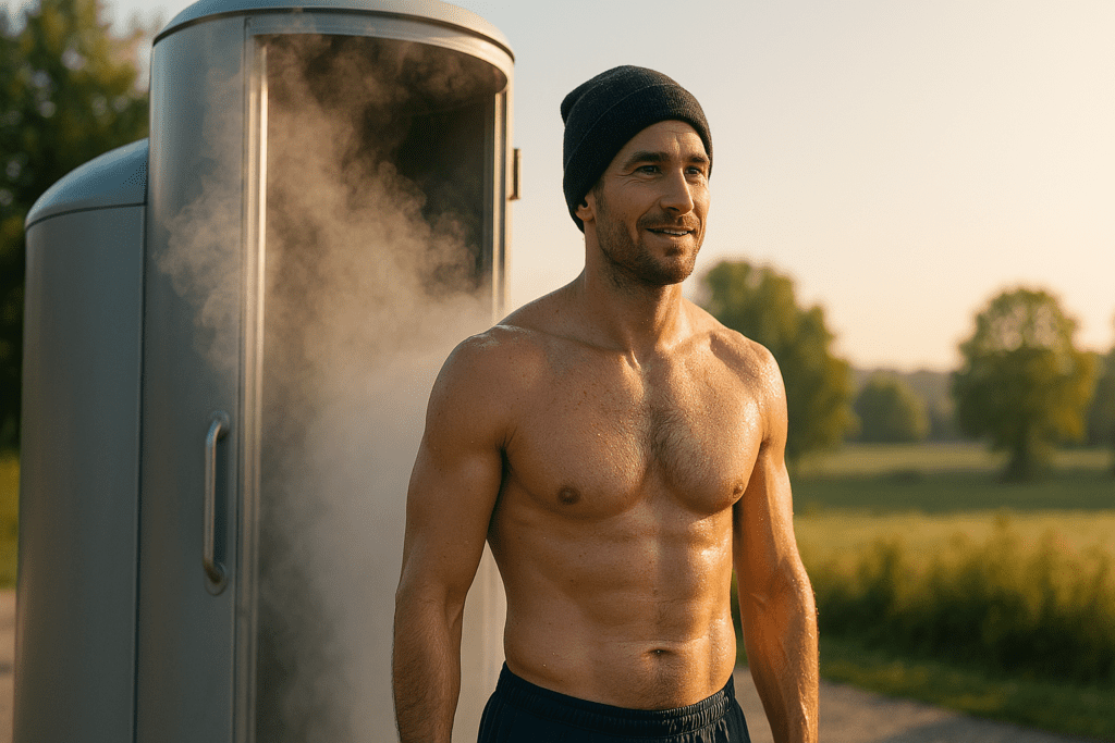 An athletic man stands shirtless in the warm morning sunlight beside a steaming cryotherapy chamber, set against a rural field and tree-lined background, reflecting the early benefits of cryotherapy results for post-exercise recovery in a natural outdoor environment.