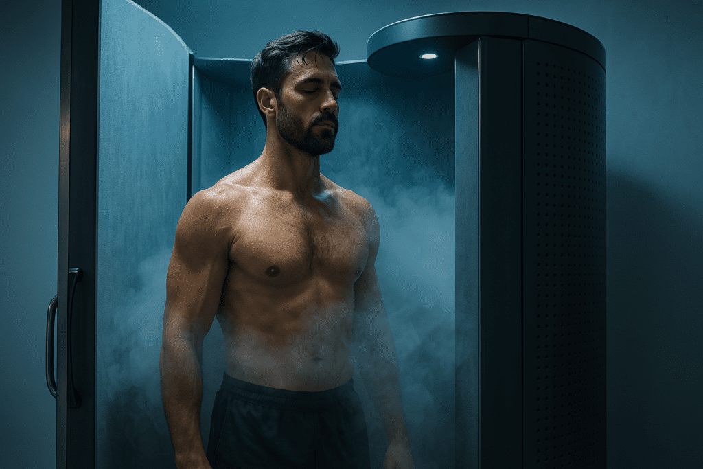 A muscular man stands in a clinical cryotherapy chamber under cool blue lighting, his calm posture and closed eyes emphasizing focus and relaxation during cold exposure, visually representing how cryotherapy results may benefit mental and physical recovery.