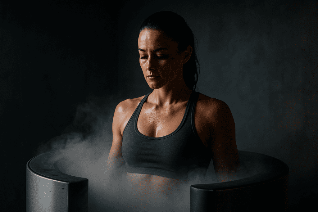A focused young woman emerges from a cryotherapy chamber surrounded by swirling vapor and moody shadows, her glistening skin and controlled breathing underscoring the intensity and restorative benefits associated with advanced cryotherapy results for performance recovery.