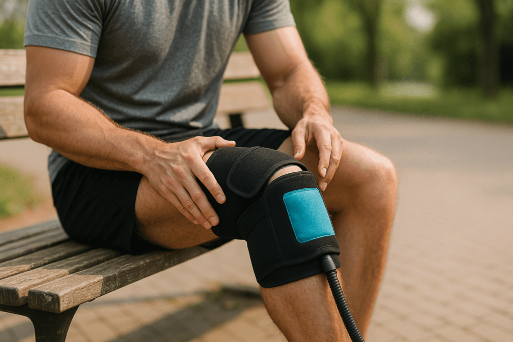 This image shows a fit man seated on a wooden bench outdoors, applying a knee cold compression therapy device to his right leg under soft natural morning light. The scene emphasizes the practical use of cold therapy knee recovery in a relaxed, natural park setting.