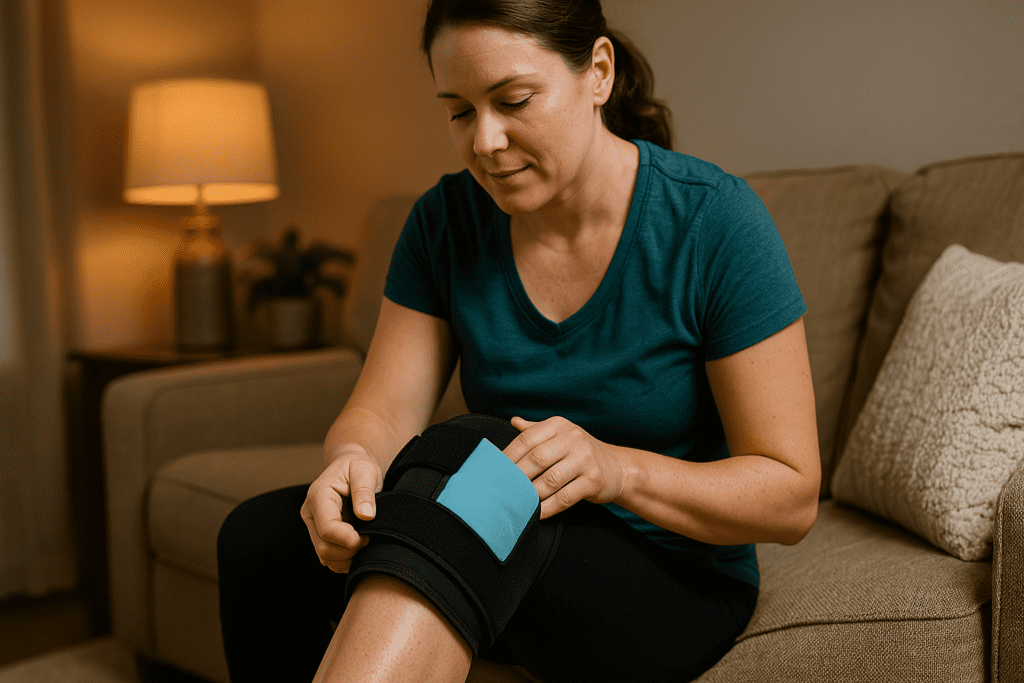 This image shows a woman in her 30s seated on a beige sofa in a warmly lit living room, adjusting a knee cold compression therapy wrap on her left leg. The ambient glow from a nearby lamp enhances the relaxing atmosphere, showcasing how cold therapy knee routines can seamlessly integrate into home wellness habits.
