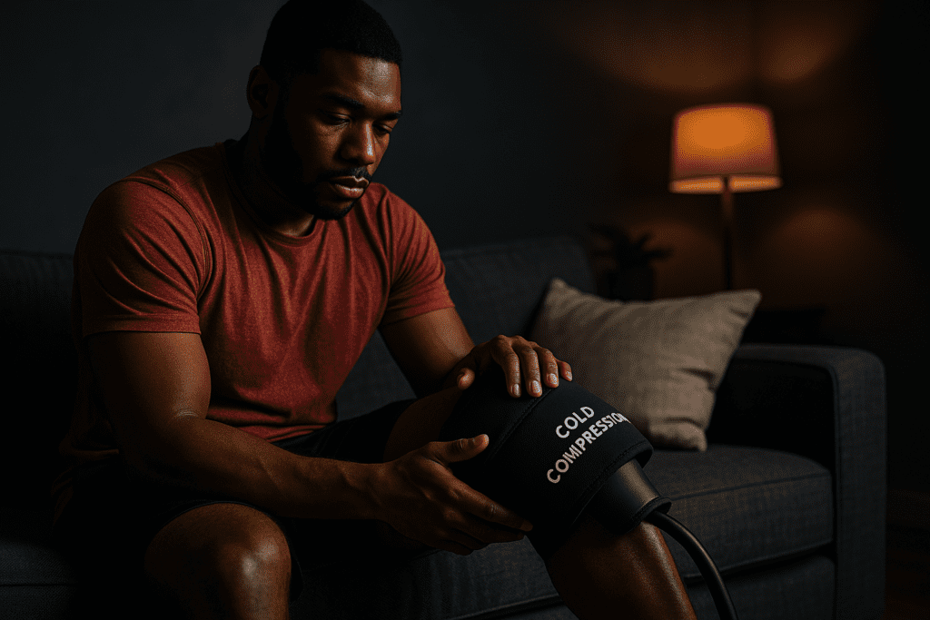 This image depicts a young African American man in a dark living room setting, focused on his recovery while using a knee cold compression therapy device. The dramatic lighting and moody ambiance enhance the contemplative mood, showcasing cold therapy knee care in a calm and restorative evening environment.