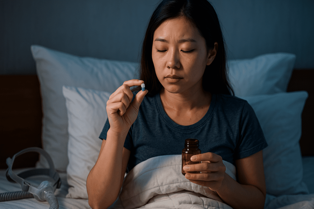 A young East Asian woman sits up in bed at night, holding a blue and white capsule with a thoughtful expression, surrounded by dim, moody lighting and a CPAP mask, conveying the dilemma between traditional devices and over the counter sleep apnea medication.