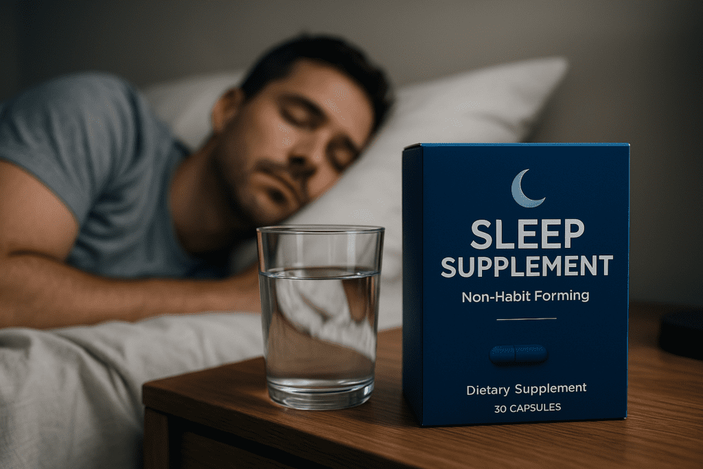 A photorealistic scene shows a man sleeping peacefully while a blue box labeled "SLEEP SUPPLEMENT – Non-Habit Forming" and a glass of water rest on the nightstand in sharp focus, illustrating the use of OTC sleep aids for sleep apnea support in a calming bedroom environment.