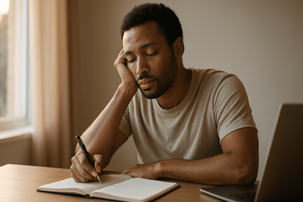 A young African American man sits at a wooden desk, absorbed in writing with a tired but focused demeanor. Warm natural light filters through the window, highlighting his effort to maintain productivity despite the cognitive strain of delayed sleep phase syndrome.