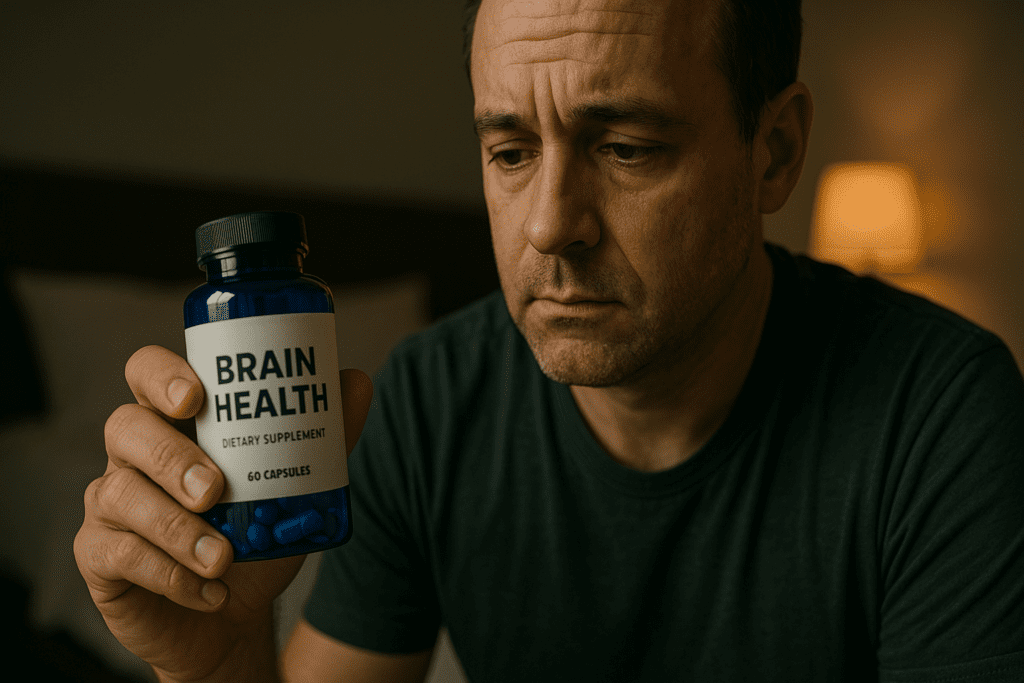 A middle-aged Caucasian man sits in a dim bedroom under warm ambient lighting, carefully examining a bottle of brain health supplement. His thoughtful expression and the soft shadows reflect concerns over cognitive health and sleep challenges tied to circadian rhythm disorders.