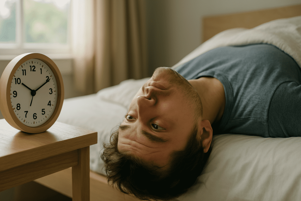 A young Caucasian man lies in bed during early morning hours, gazing with fatigue at an analog alarm clock beside him. Soft natural light from a nearby window casts a gentle glow on his weary expression, capturing the emotional toll of inverted sleep and disrupted circadian rhythms.