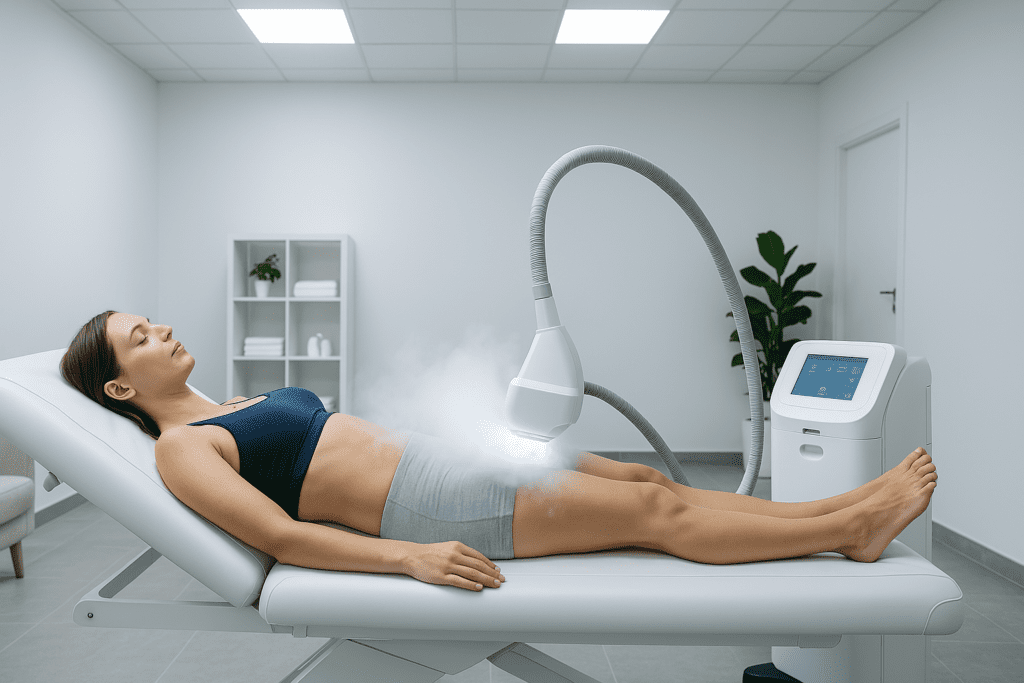 A woman reclines on a treatment bed in a clean, modern clinic while undergoing cryotherapy. A cooling device targets her midsection, releasing visible vapor in a softly lit room with minimalist décor and a clinical atmosphere.