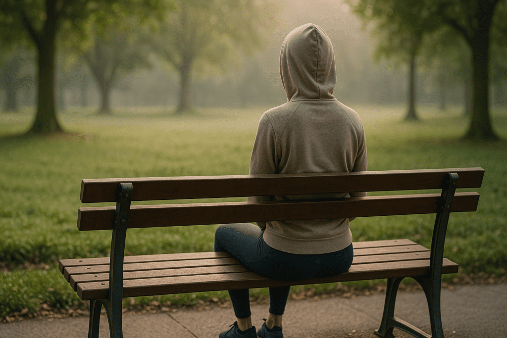 A person with their back to the camera sits on a park bench facing a misty, tree-lined field. The soft morning light filters through the trees, creating a serene, introspective atmosphere with the subject dressed in a hoodie and leggings.