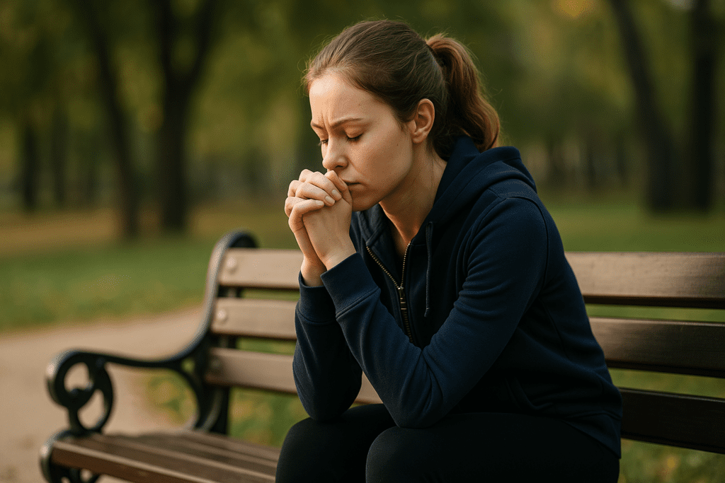 A woman in a navy hoodie sits quietly on a wooden park bench, her hands clasped in front of her face in a contemplative gesture. Autumn tones in the background and soft, natural lighting emphasize a reflective emotional tone in this simple outdoor setting.