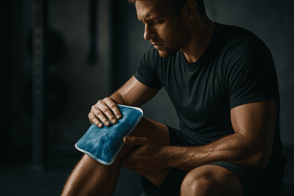 A muscular man in workout attire uses a soft gel ice pack on his thigh while seated in a dim, moody gym setting, his focused expression lit by directional lighting. This powerful moment captures the role of the best ice packs for injuries in high-performance athletic recovery.