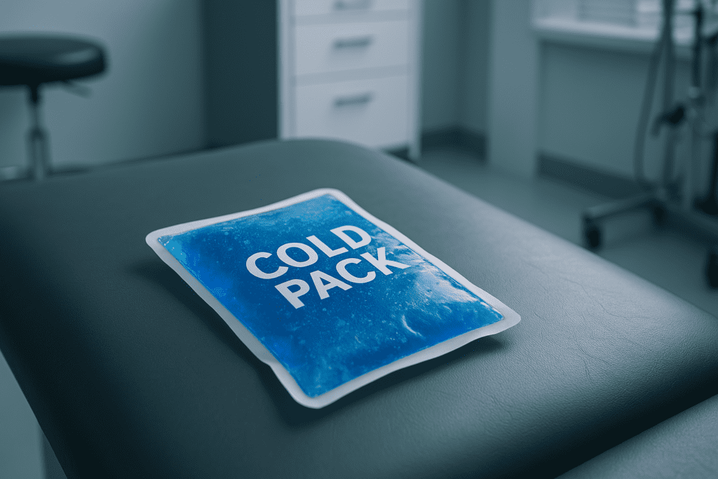 A flat, blue gel cold pack labeled “COLD PACK” rests on a dark padded medical table in a clean, clinical environment illuminated by cool overhead lights. This close-up represents modern medical use of the best cold packs for injuries in professional recovery spaces.