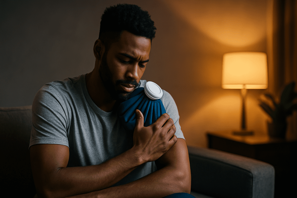 In a warmly lit living room, a man gently presses an ice pack against his shoulder while sitting on a couch, framed by ambient lamplight and minimalist decor. The photo emphasizes the comfort and accessibility of the best ice bag for injuries in home recovery settings.