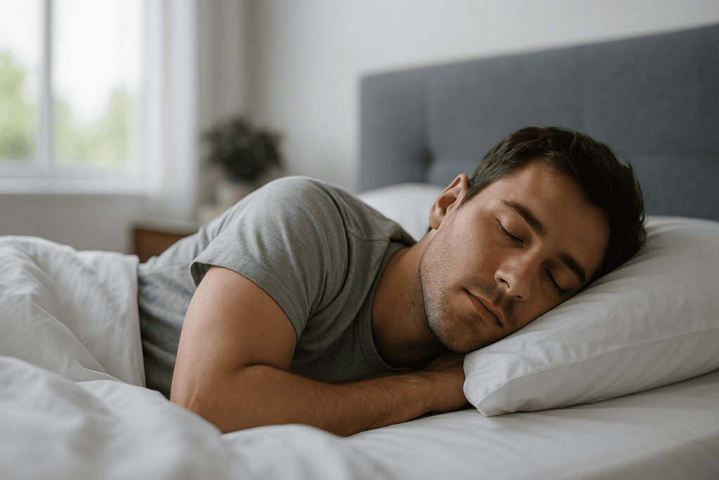 A photograph shows a young Caucasian man with light brown hair sleeping peacefully on his side in a cozy bedroom with soft, even lighting. The clean design and balanced exposure of the scene reflect how humans are meant to sleep in environments that support calm, natural rest cycles