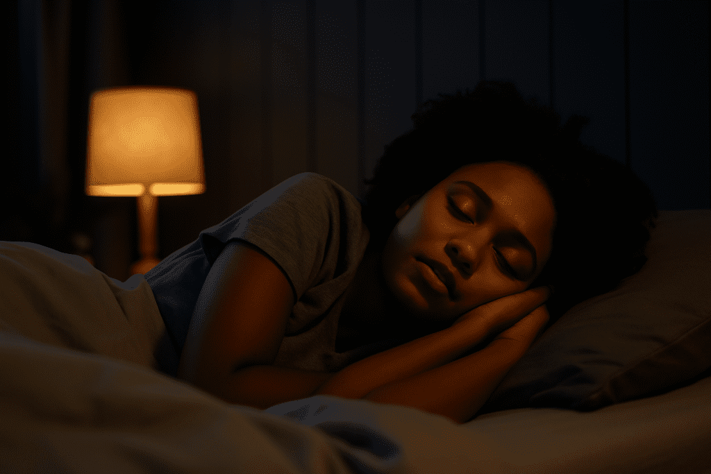 A digital photograph captures a young African American woman sleeping peacefully in a softly lit bedroom, her face illuminated by the warm glow of a bedside lamp. The serene setting contrasts cool wall tones with ambient lighting, visually reinforcing how humans are meant to sleep in calming, restful environments.