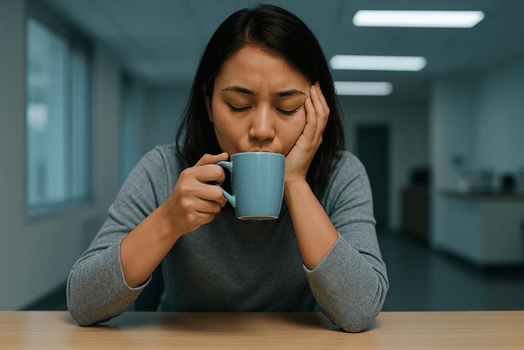 A photograph captures a young Asian woman seated in a minimalist room with cool clinical lighting, holding a light blue mug while resting her head in her hand. The neutral tones and serene setting suggest a moment of self-care, highlighting how subtle actions like mindful pauses can help alleviate daytime fatigue naturally.