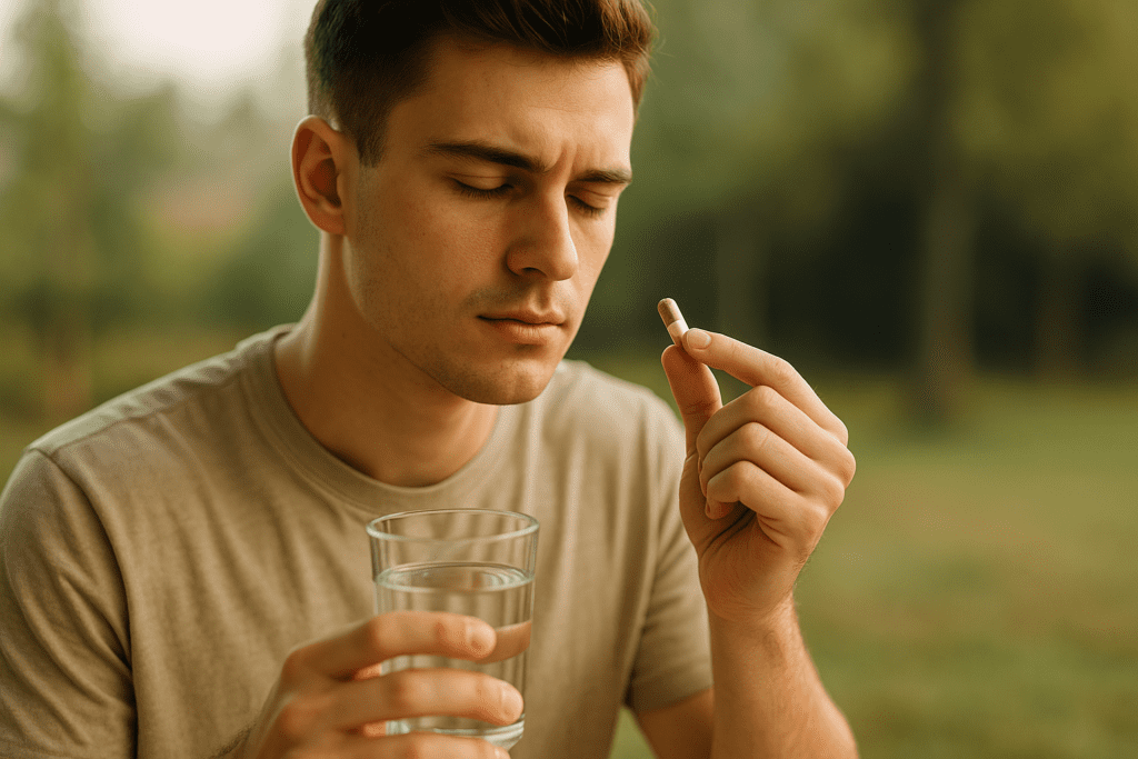 In a tranquil outdoor setting, a young man in his twenties examines a capsule while holding a glass of water, softly lit by the early morning sun. His contemplative expression and natural surroundings underscore the role of herbs and natural supplements for sleep apnea in a biohacking approach to better breathing and rest