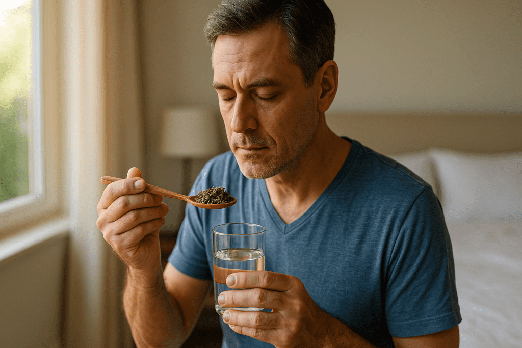A middle-aged man with short, graying hair gently holds a wooden spoon filled with dried herbs near a sunlit window, his calm expression illuminated by soft natural morning light. The serene bedroom setting and focus on plant-based remedies visually reinforce the article’s theme of using herbs for sleep apnea to support natural respiratory wellness.