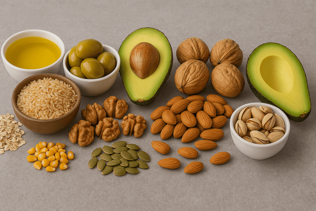 A high-resolution digital photograph displays healthy fat sources arranged on a textured gray surface, including halved avocado, olive oil, green olives, walnuts, almonds, pumpkin seeds, and pistachios. The image emphasizes the role of unsaturated fats in a balanced diet guided by AMDR principles.






