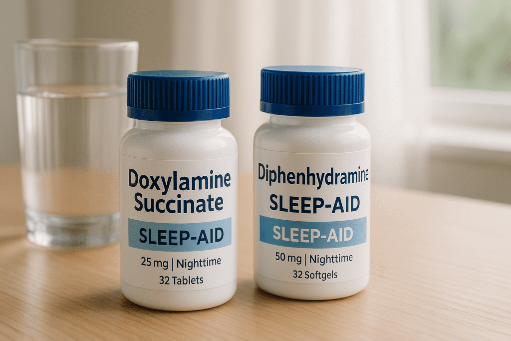 A high-resolution digital photograph displays two over-the-counter sleep aid bottles labeled Doxylamine Succinate and Diphenhydramine on a wooden surface beside a glass of water, with soft natural light filtering through a sheer curtain. The peaceful setting emphasizes the comparison of popular sleep aids for optimizing rest.