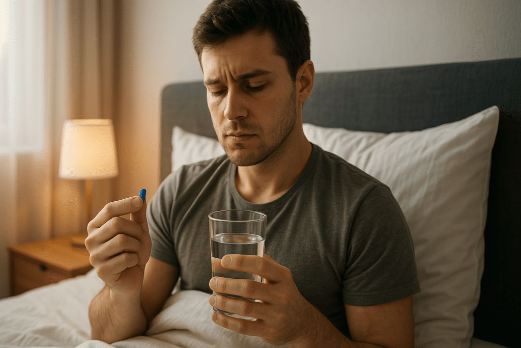 A high-resolution digital photograph captures a young Caucasian man seated on his bed in soft natural morning light, holding a clear glass of water and examining a small white over-the-counter sleep aid capsule in his palm. The room is minimal and serene, with muted colors and a calm atmosphere, visually emphasizing the article’s theme of comparing doxylamine succinate vs diphenhydramine for restful, drug-free sleep optimization.