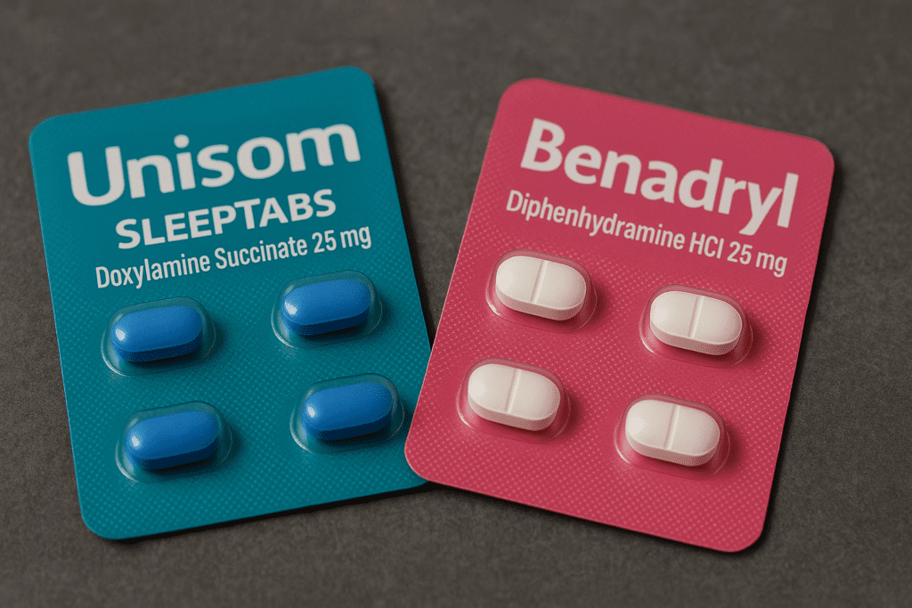 A digital photograph features two blister packs of over-the-counter sleep aids—Unisom and Benadryl—placed side by side on a dark gray surface under even, neutral lighting, emphasizing the comparison of doxylamine succinate versus diphenhydramine as strong OTC sleep options.