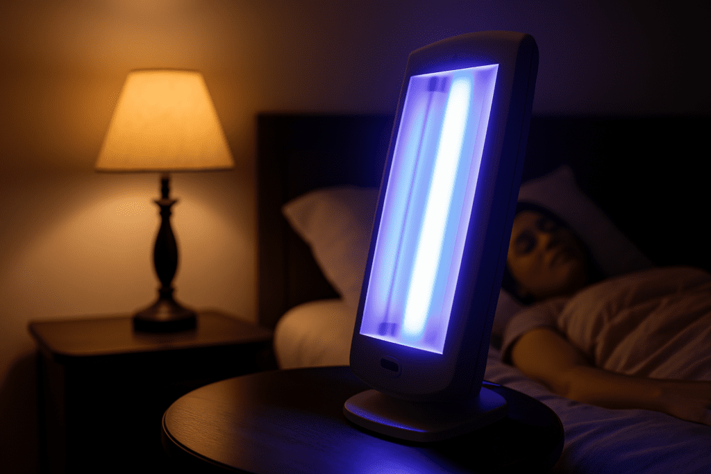 A UV light therapy device emits a cool blue-violet glow atop a sleek nightstand in a dimly lit bedroom, contrasted by the warm ambient light of a nearby table lamp. In the softly blurred background, a woman lies peacefully in bed, evoking the therapeutic ambiance of nighttime ultraviolet light therapy treatment in a calming, residential setting.