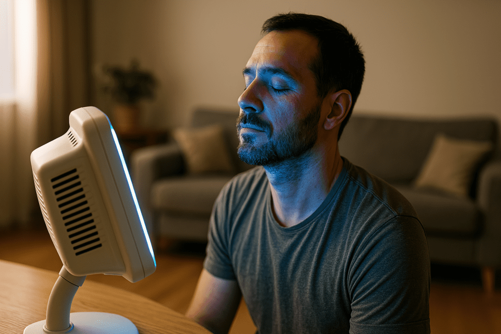 A light-skinned man in his mid-30s sits peacefully in a bright, minimalist living room, eyes closed as a white UV lamp casts a soft blue glow across his face and shoulder. Natural daylight filters through a nearby window, creating a tranquil contrast that underscores the calming effects of uv light therapy within a comfortable home setting focused on skin wellness and restoration.