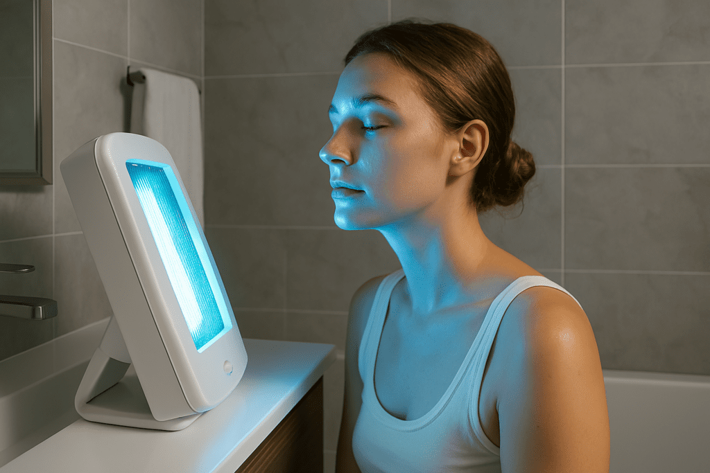 A woman in her late twenties stands calmly in a minimalist bathroom, gently using a UV light therapy device that emits a soft blue glow across her face. The sleek white countertop and subdued lighting create a tranquil atmosphere, visually reinforcing the soothing and restorative benefits of ultraviolet light therapy treatment in a private, home-based setting focused on skin care and self-care.