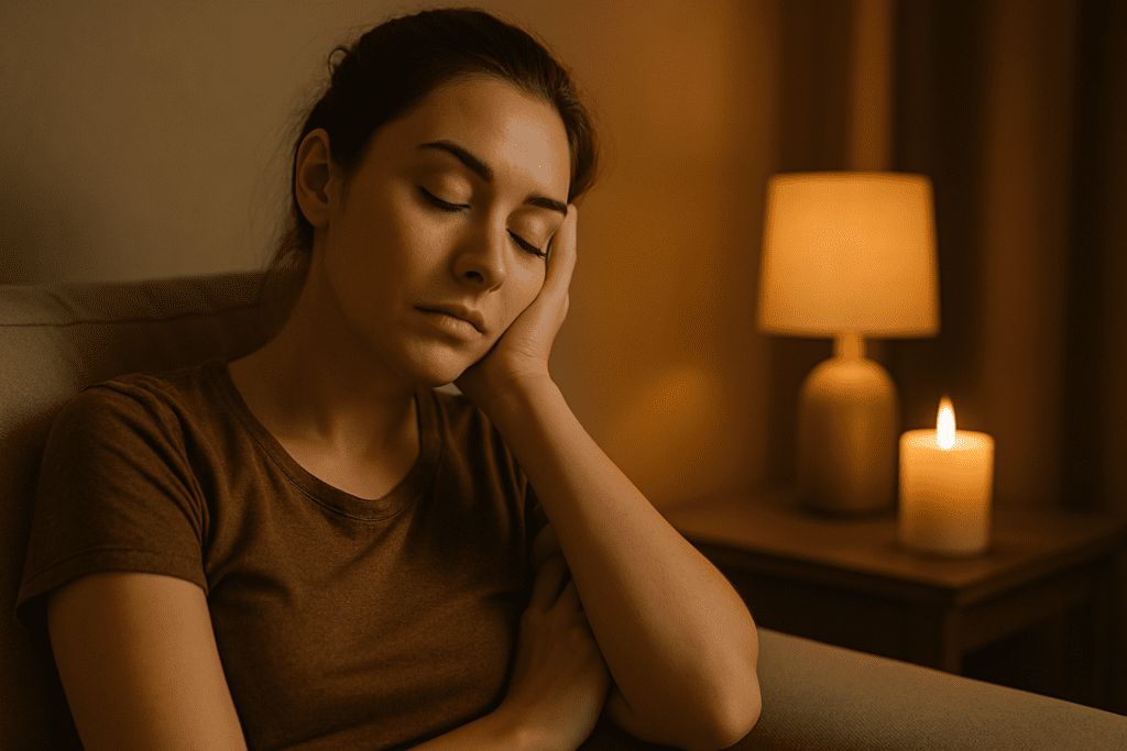 A young Caucasian woman reclines on a beige couch in a softly lit living room, eyes closed and head supported by her hand. The warm ambient indoor lighting and minimal decor create a peaceful environment that symbolizes how the body can get rest without sleeping.